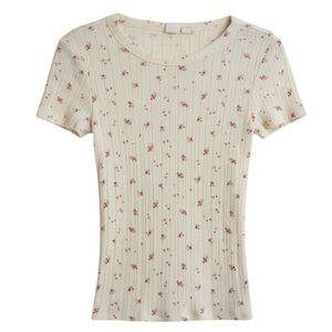 Gap Pointelle T Shirt Knit Top Blouse Ditsy Floral Crewneck White Pink S